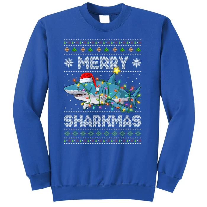 Merry Sharkmas Shark Santa Ugly Christmas Lights Xmas Great Gift Tall Sweatshirt