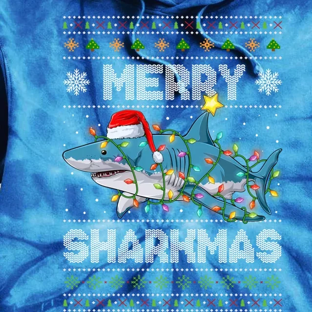 Merry Sharkmas Shark Santa Ugly Christmas Lights Xmas Great Gift Tie Dye Hoodie