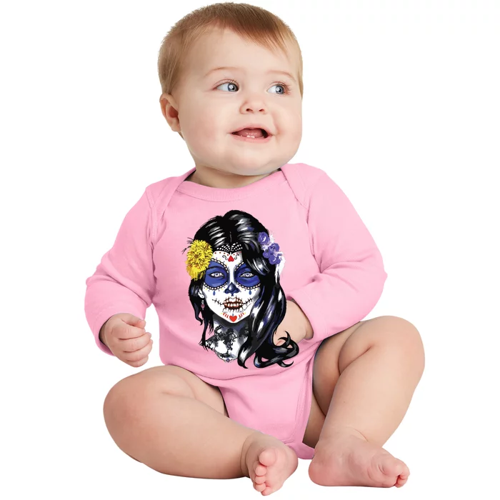 Mexican Sugar Skull Girl Halloween Dia De Los Muertos Baby Long Sleeve Bodysuit