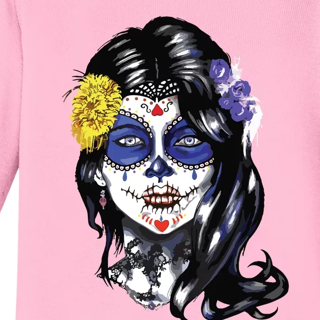 Mexican Sugar Skull Girl Halloween Dia De Los Muertos Baby Long Sleeve Bodysuit