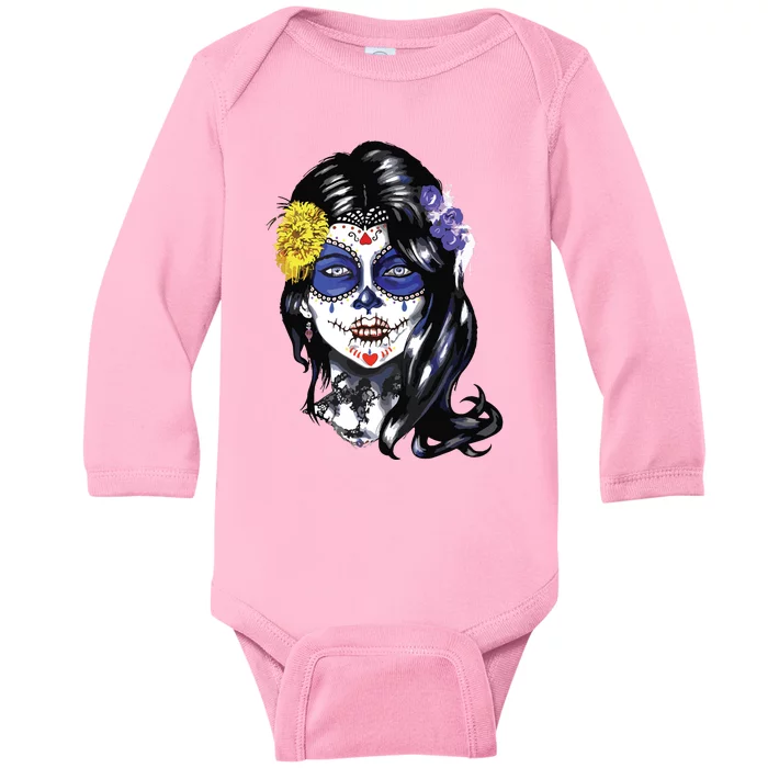 Mexican Sugar Skull Girl Halloween Dia De Los Muertos Baby Long Sleeve Bodysuit