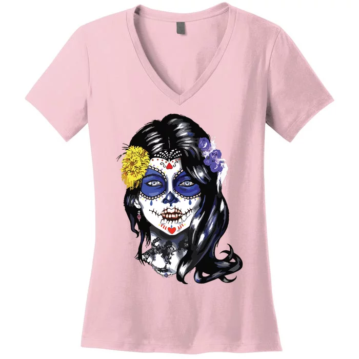 Mexican Sugar Skull Girl Halloween Dia De Los Muertos Women's V-Neck T-Shirt