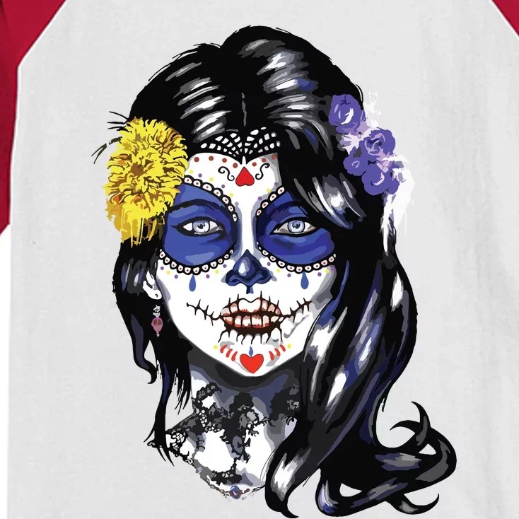 Mexican Sugar Skull Girl Halloween Dia De Los Muertos Kids Colorblock Raglan Jersey