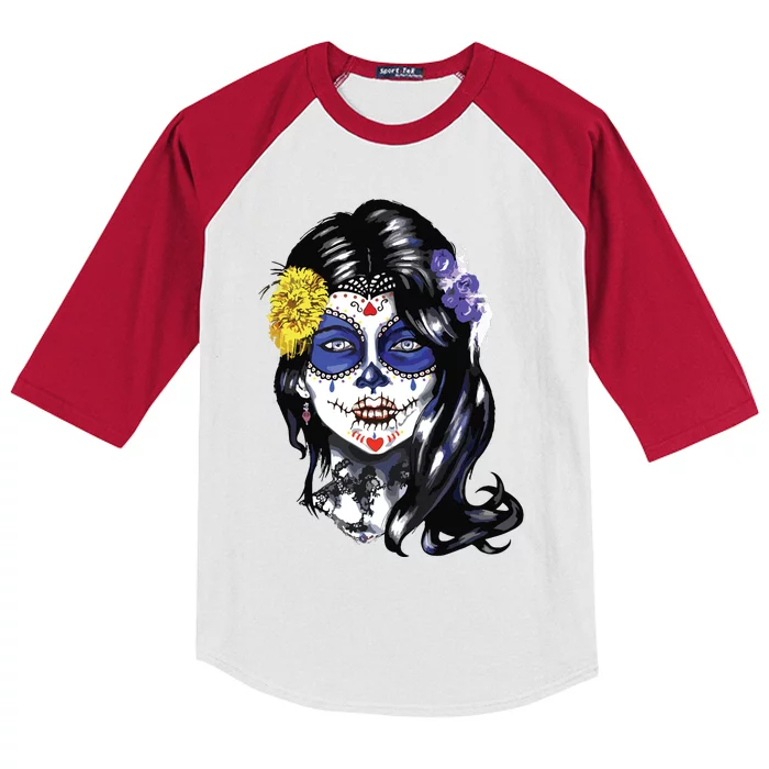 Mexican Sugar Skull Girl Halloween Dia De Los Muertos Kids Colorblock Raglan Jersey