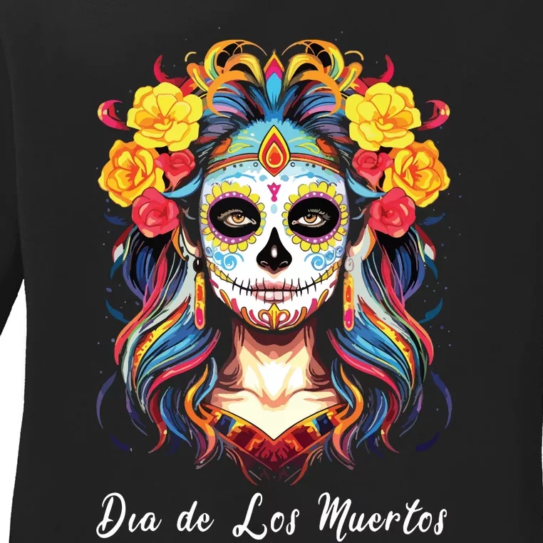 Mexican Sugar Skull Girl Halloween Dia De Los Muertos Ladies Long Sleeve Shirt