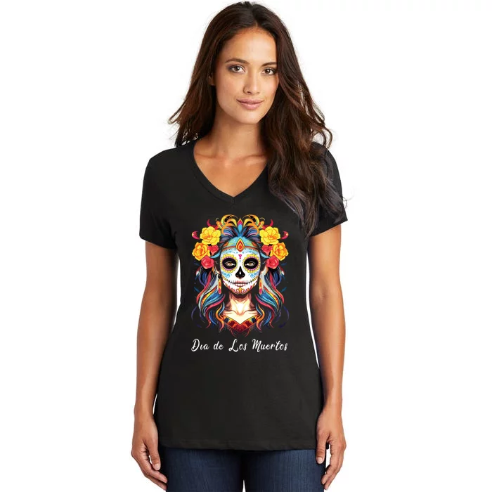 Mexican Sugar Skull Girl Halloween Dia De Los Muertos Women's V-Neck T-Shirt