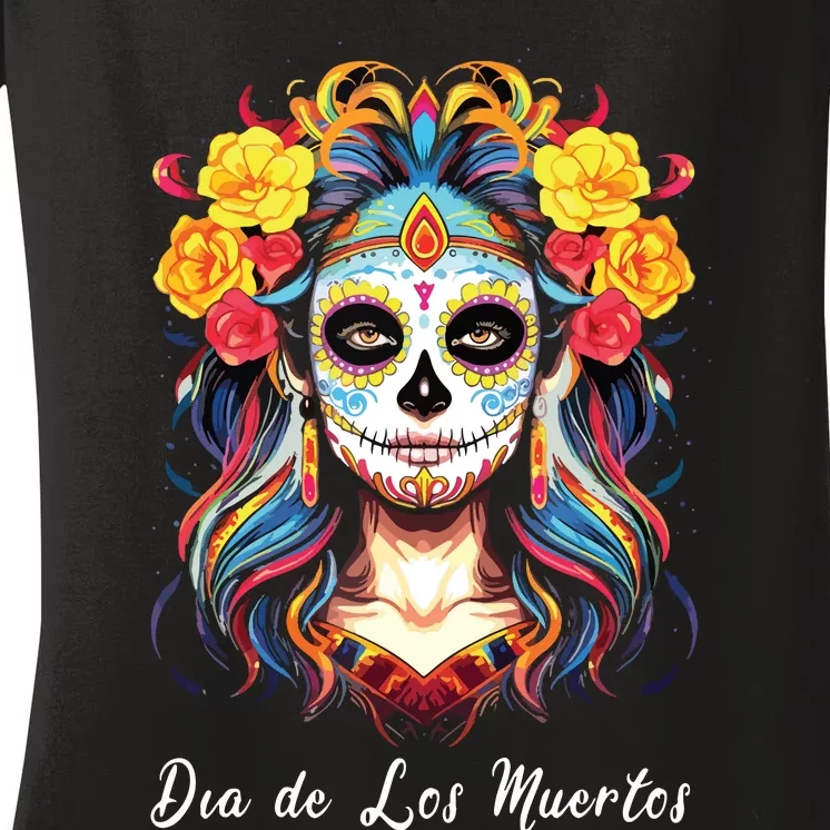 Mexican Sugar Skull Girl Halloween Dia De Los Muertos Women's V-Neck T-Shirt