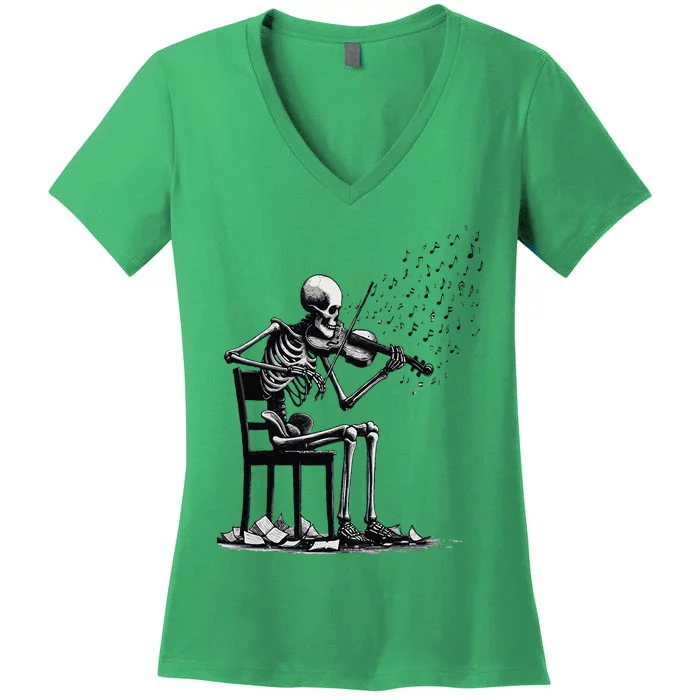 Musician Skeleton Skeleton Player Violin Halloween Music Women's V-Neck T-Shirt