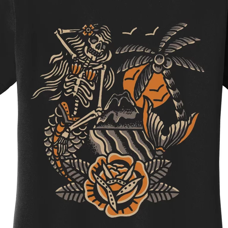 Mermaid Skeleton Traditional Tattoo Old School Tattoo Flash Women's T-Shirt