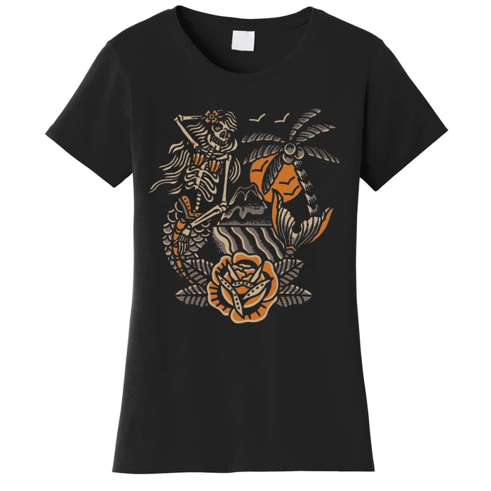 Mermaid Skeleton Traditional Tattoo Old School Tattoo Flash Women's T-Shirt