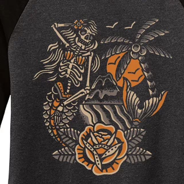 Mermaid Skeleton Traditional Tattoo Old School Tattoo Flash Women's Tri-Blend 3/4-Sleeve Raglan Shirt