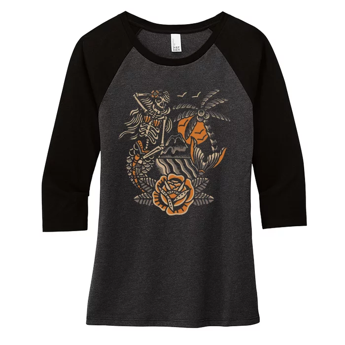 Mermaid Skeleton Traditional Tattoo Old School Tattoo Flash Women's Tri-Blend 3/4-Sleeve Raglan Shirt