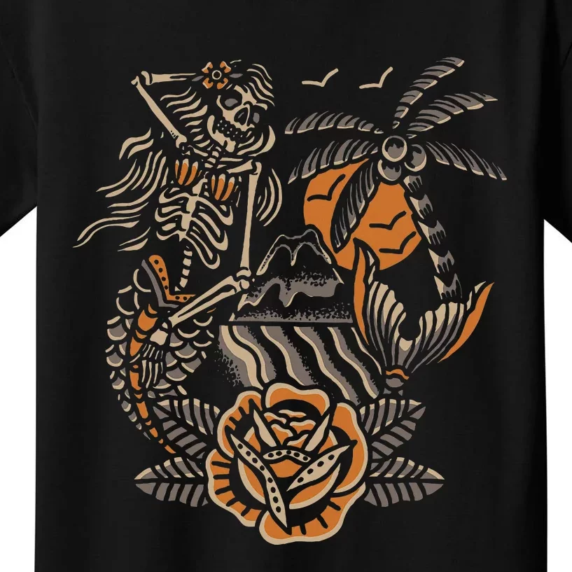 Mermaid Skeleton Traditional Tattoo Old School Tattoo Flash Kids T-Shirt