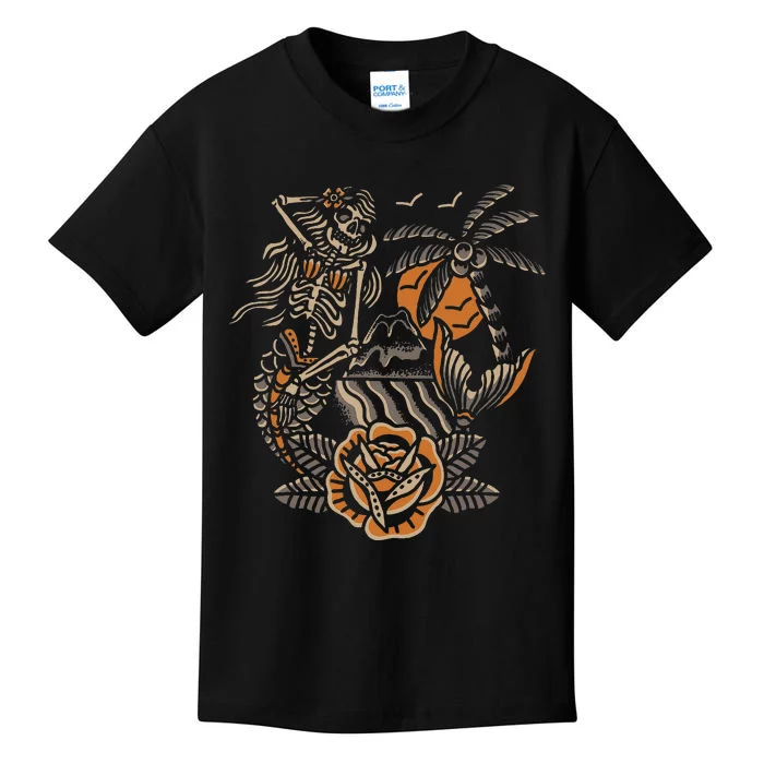 Mermaid Skeleton Traditional Tattoo Old School Tattoo Flash Kids T-Shirt