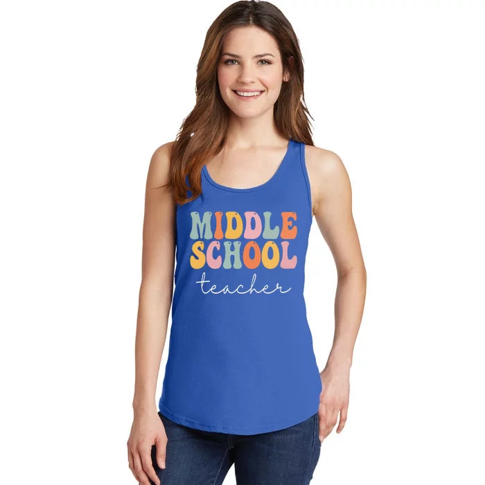 Middle School Teacher Retro Groovy Happy First Day Of School Ladies Essential Tank