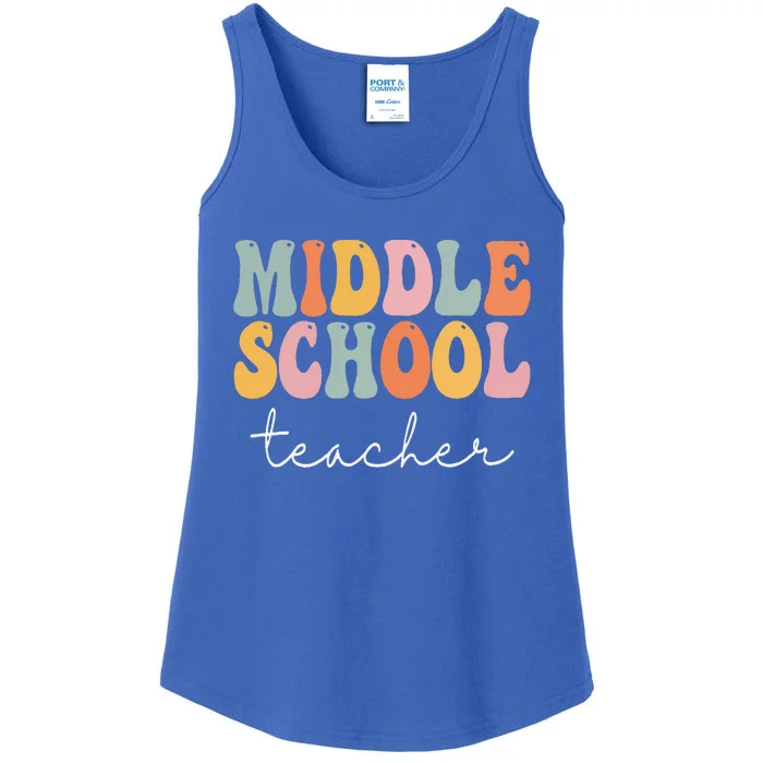 Middle School Teacher Retro Groovy Happy First Day Of School Ladies Essential Tank