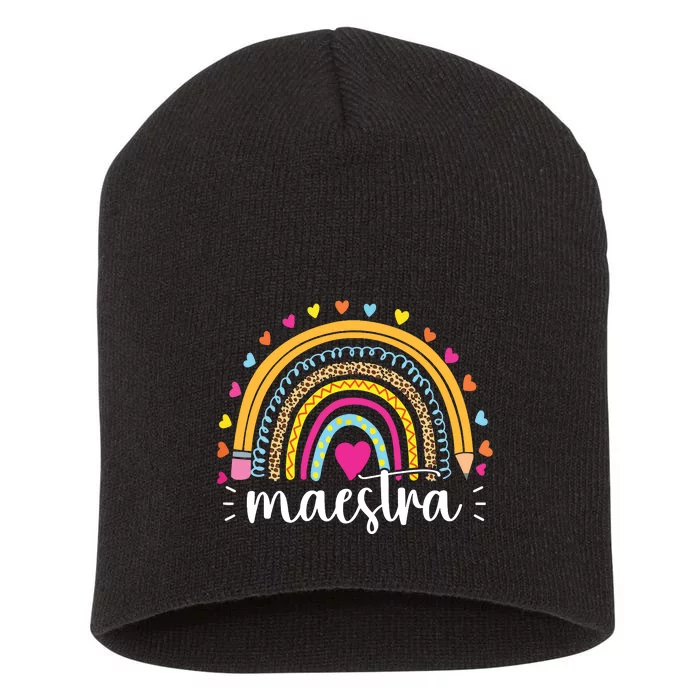 Maestra Spanish Teacher Rainbow Leopard Short Acrylic Beanie