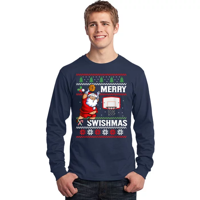 Merry Swishmas Ugly Christmas Basketball Christmas Tall Long Sleeve T-Shirt