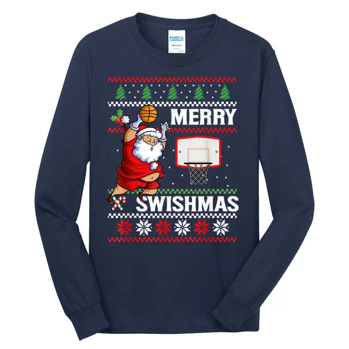 Merry Swishmas Ugly Christmas Basketball Christmas Tall Long Sleeve T-Shirt