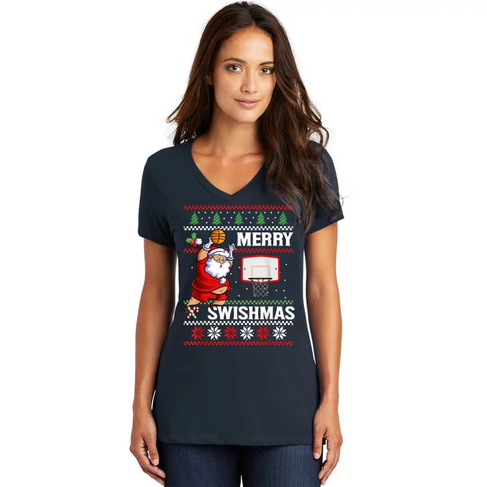 Merry Swishmas Ugly Christmas Basketball Christmas Women's V-Neck T-Shirt