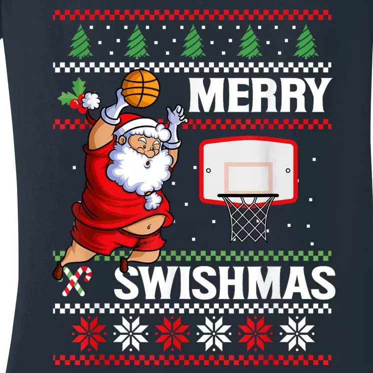 Merry Swishmas Ugly Christmas Basketball Christmas Women's V-Neck T-Shirt