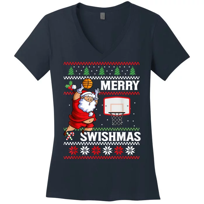 Merry Swishmas Ugly Christmas Basketball Christmas Women's V-Neck T-Shirt