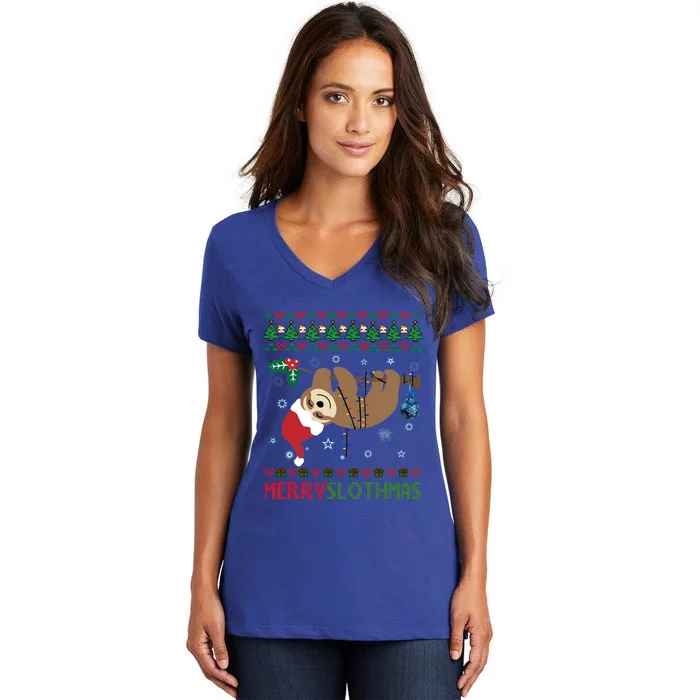 Merry Slothmas Ugly Christmas Pajama For Sloth Lovers Gift Women's V-Neck T-Shirt