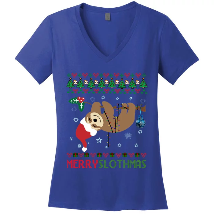 Merry Slothmas Ugly Christmas Pajama For Sloth Lovers Gift Women's V-Neck T-Shirt