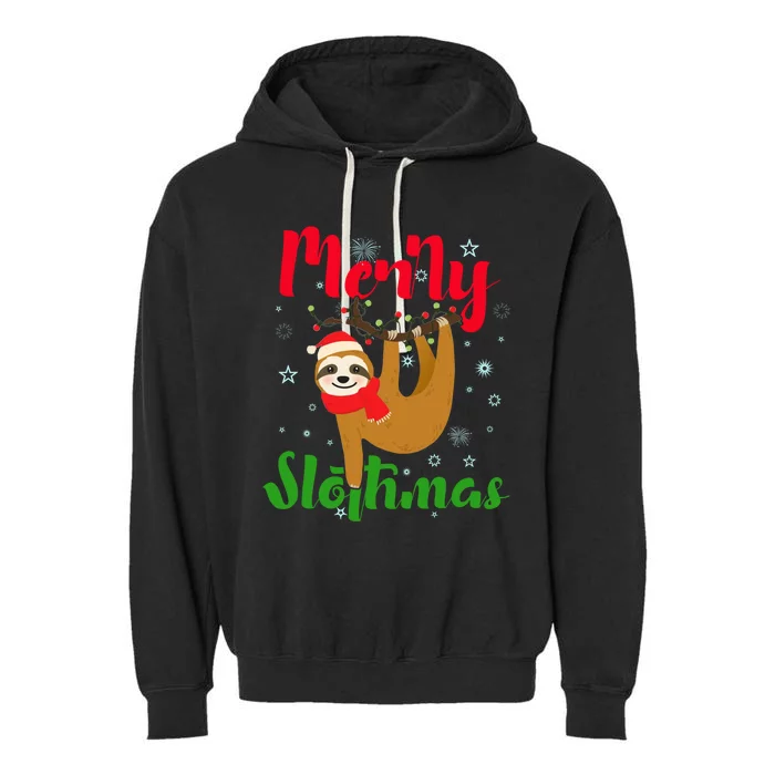 Merry Slothmas Ugly Christmas Pajama For Sloth Lovers Gift Garment-Dyed Fleece Hoodie