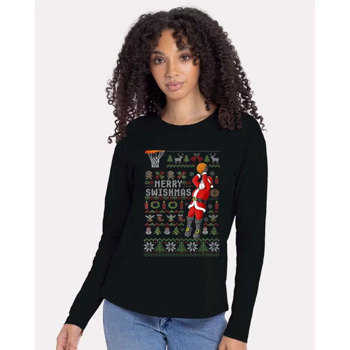 Merry Swishmas Ugly Christmas Sweater Basketball Xmas Pajama Womens Cotton Relaxed Long Sleeve T-Shirt