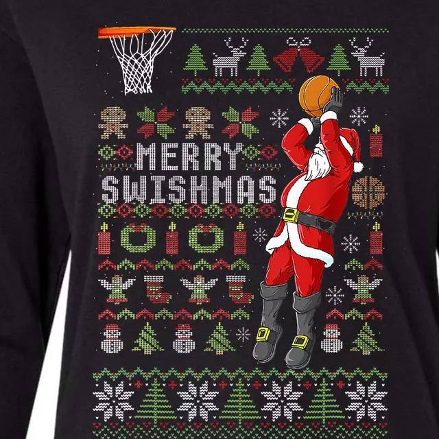 Merry Swishmas Ugly Christmas Sweater Basketball Xmas Pajama Womens Cotton Relaxed Long Sleeve T-Shirt