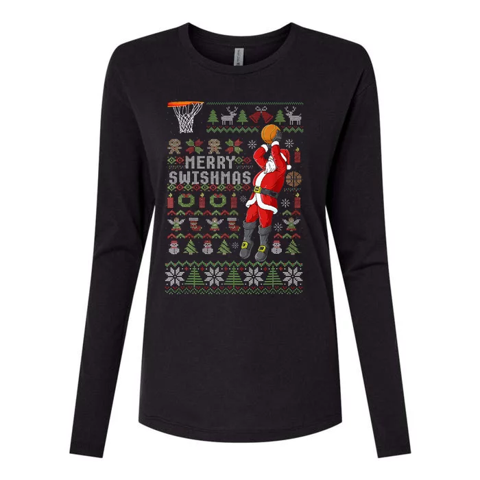 Merry Swishmas Ugly Christmas Sweater Basketball Xmas Pajama Womens Cotton Relaxed Long Sleeve T-Shirt