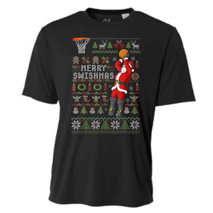 Merry Swishmas Ugly Christmas Sweater Basketball Xmas Pajama Cooling Performance Crew T-Shirt