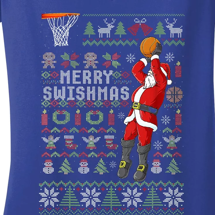 Merry Swishmas Ugly Christmas Sweater Basketball Xmas Pajama Women's V-Neck T-Shirt