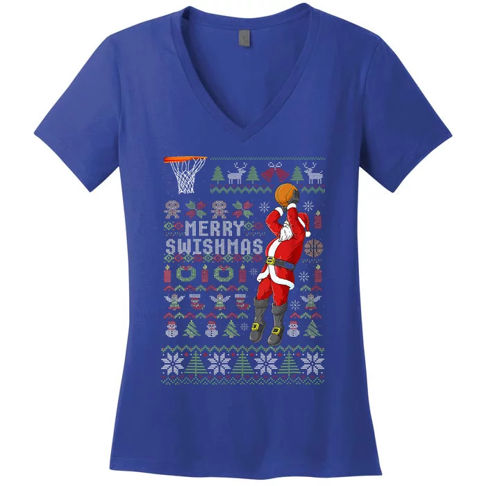 Merry Swishmas Ugly Christmas Sweater Basketball Xmas Pajama Women's V-Neck T-Shirt