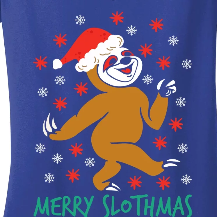 Merry Slothmas Ugly Christmas Sloth Pajamas Santa Hat Xmas Gift Women's V-Neck T-Shirt