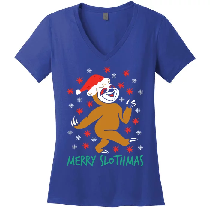 Merry Slothmas Ugly Christmas Sloth Pajamas Santa Hat Xmas Gift Women's V-Neck T-Shirt