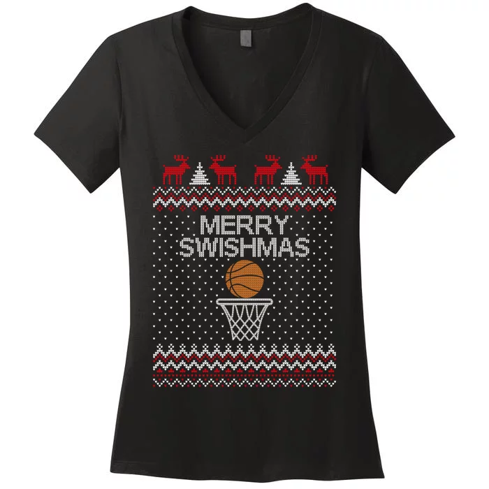 Merry Swishmas Ugly Christmas Funny Basketball Christmas Women's V-Neck T-Shirt