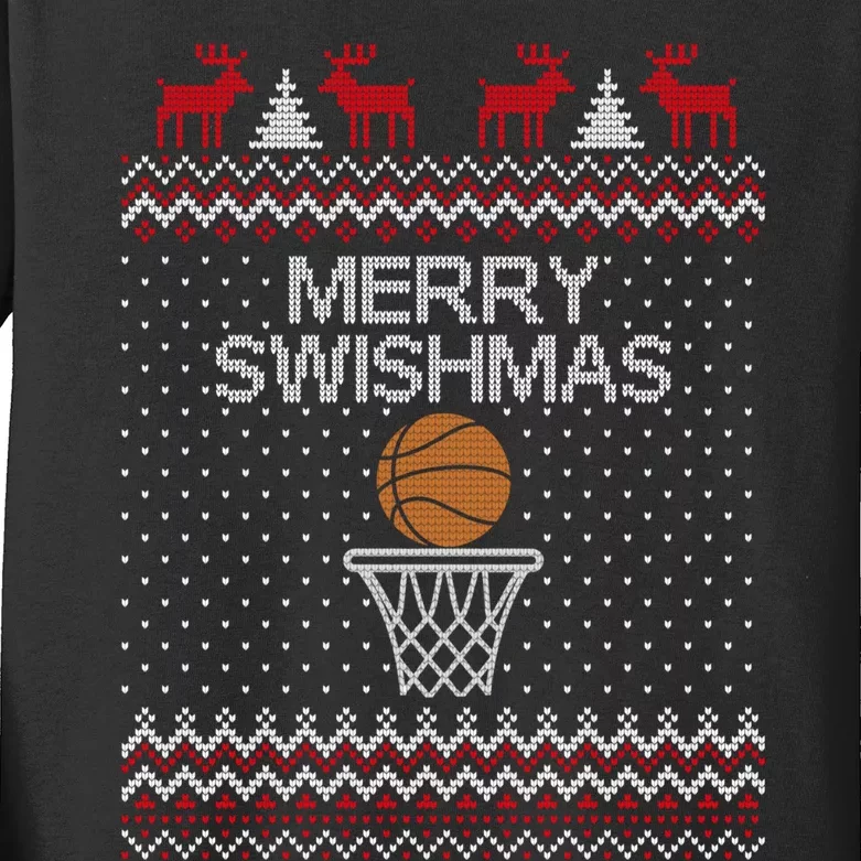 Merry Swishmas Ugly Christmas Funny Basketball Christmas Kids Long Sleeve Shirt