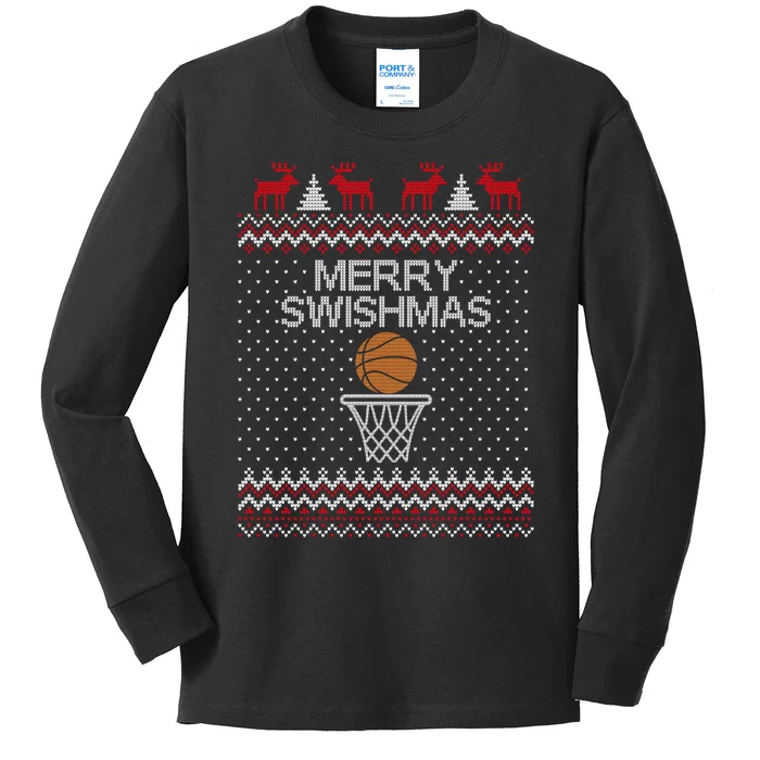 Merry Swishmas Ugly Christmas Funny Basketball Christmas Kids Long Sleeve Shirt