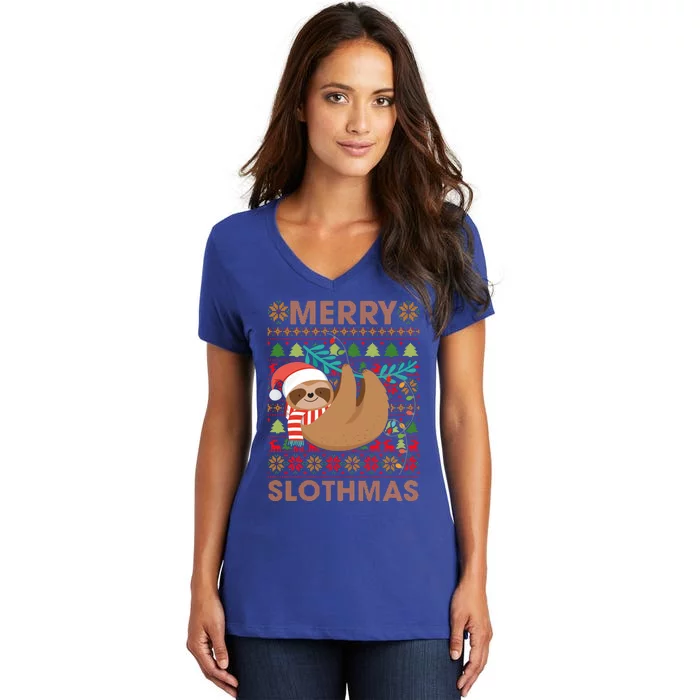 Merry Slothmas Ugly Sloths Christmas Gift Women's V-Neck T-Shirt