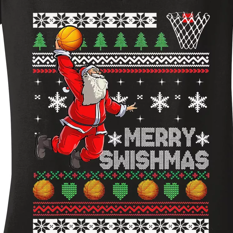 Merry Swishmas Ugly Christmas Basketball Christmas Women's V-Neck T-Shirt