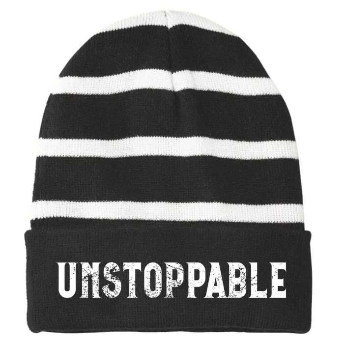 Motivational Saying Unstoppable Striped Beanie with Solid Band