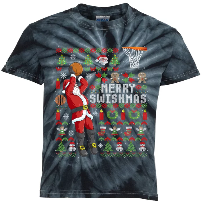 Merry Swishmas Ugly Christmas Basketball Christmas Kids Tie-Dye T-Shirt