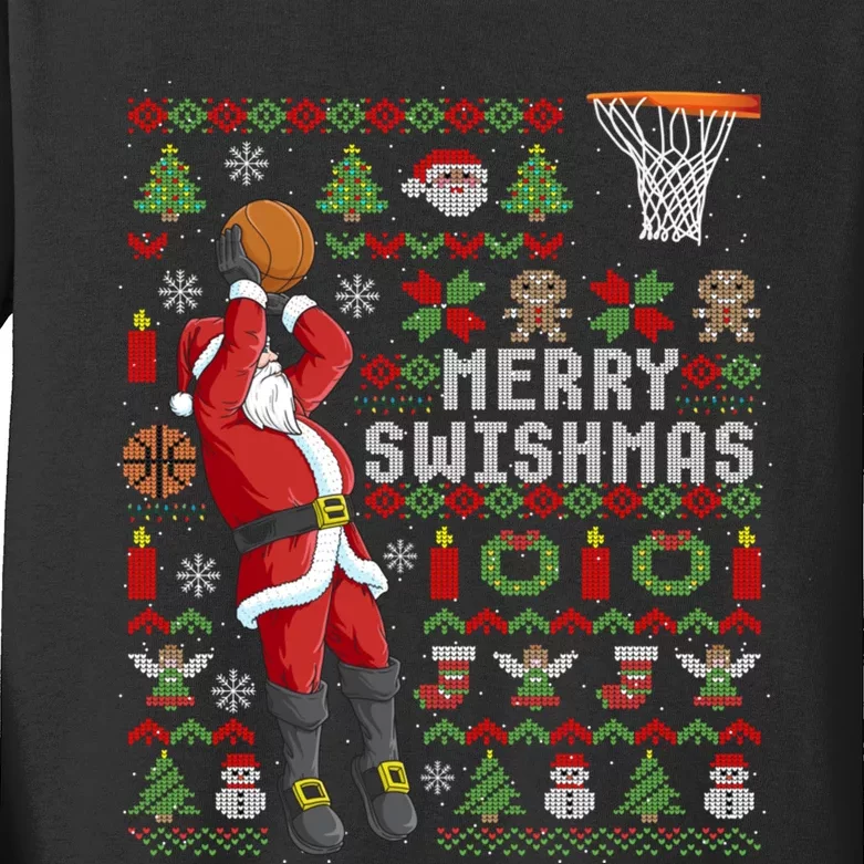 Merry Swishmas Ugly Christmas Basketball Christmas Kids Long Sleeve Shirt