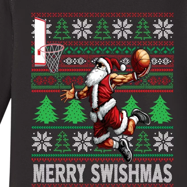 Merry Swishmas Ugly Christmas Basketball Christmas Baby Long Sleeve Bodysuit