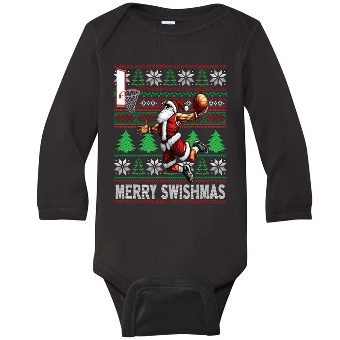 Merry Swishmas Ugly Christmas Basketball Christmas Baby Long Sleeve Bodysuit