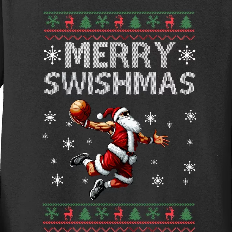 Merry Swishmas Ugly Christmas Basketball Christmas Kids Long Sleeve Shirt