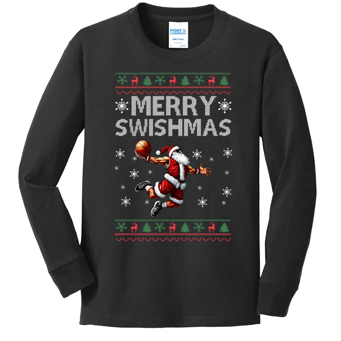 Merry Swishmas Ugly Christmas Basketball Christmas Kids Long Sleeve Shirt