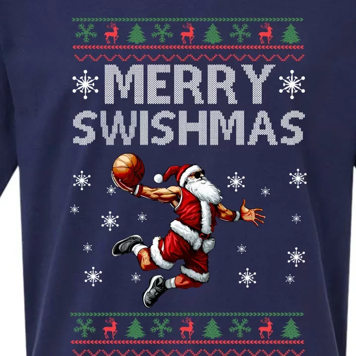 Merry Swishmas Ugly Christmas Basketball Christmas Sueded Cloud Jersey T-Shirt